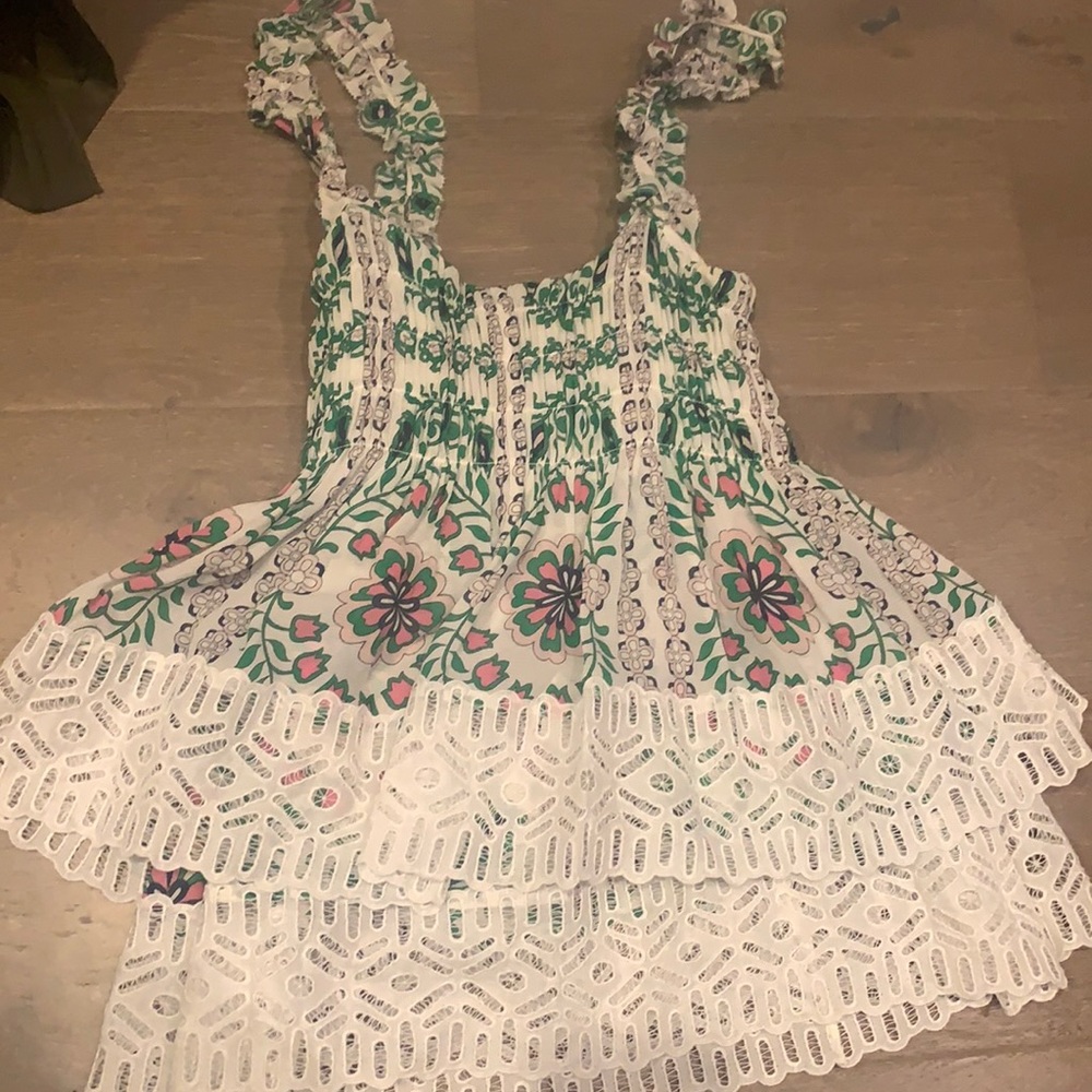 Tory Burch Floral Lace Trim Blouse - Green and White